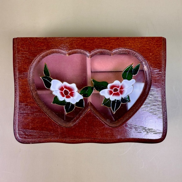 Jewelry - Vintage Wooden Jewelry Box | Heart Window Lid with Floral Inlay